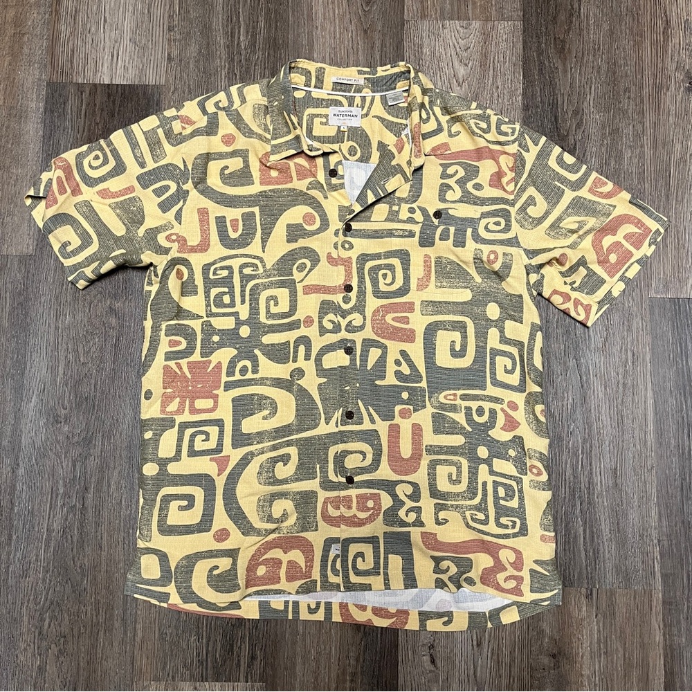 Quiksilver Waterman Collection Large Tiki Camp Hawaiian Shirt Brown Abstract